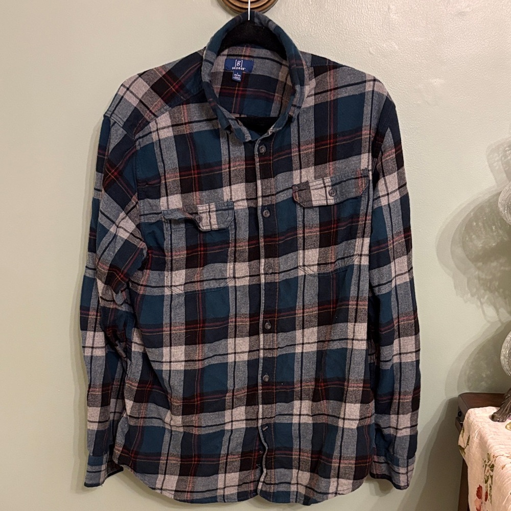 Men’s Plaid Flannel Shirt Large Blue Red Casual Button Down Lightweight
